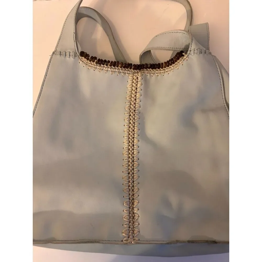 The Sak Pale Blue Leather Hobo Bag Crochet Beaded Boho Y2K Shoulder Tote - READ
